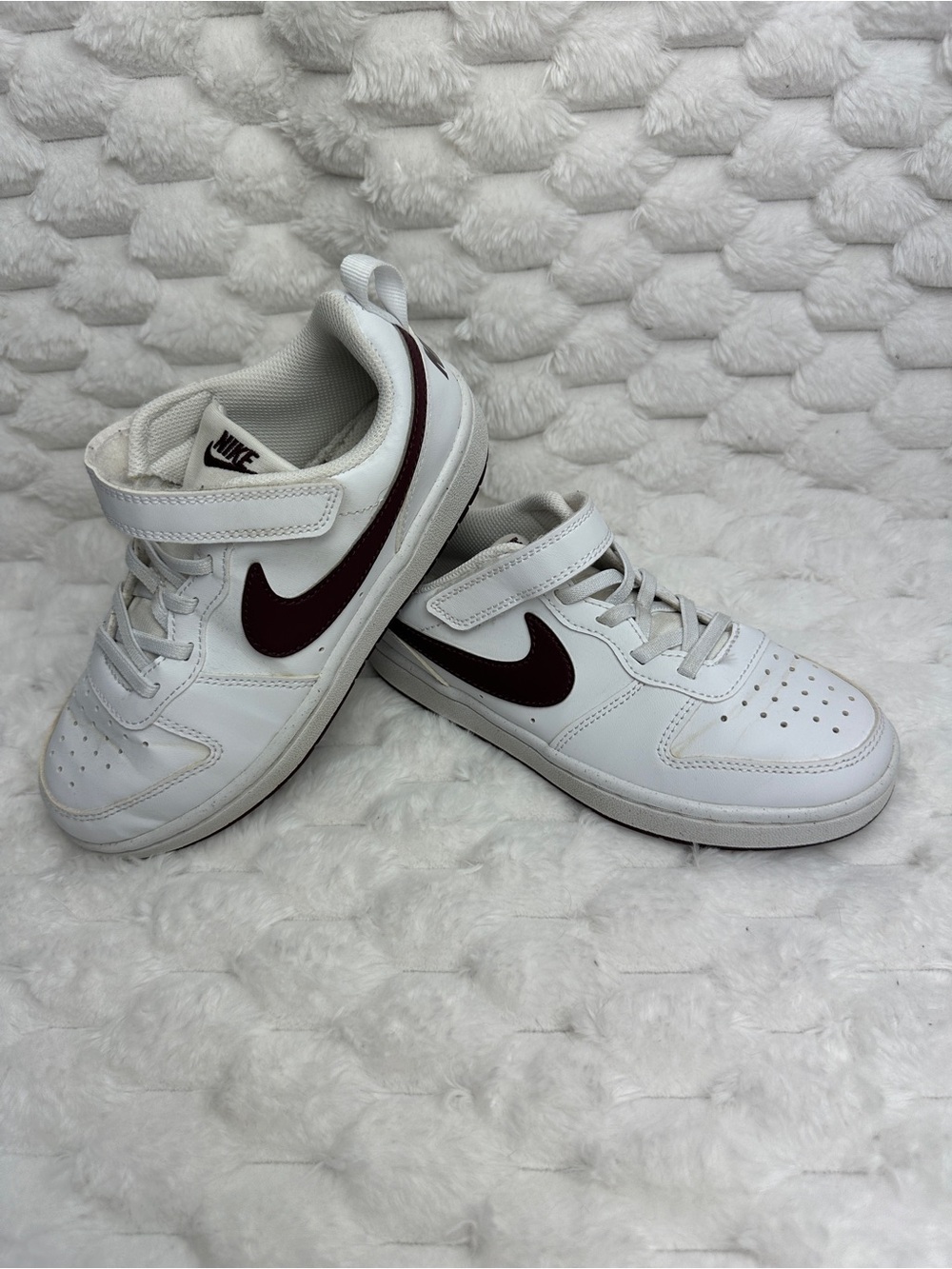 Nike Kids White Sneakers with Maroon Swoosh